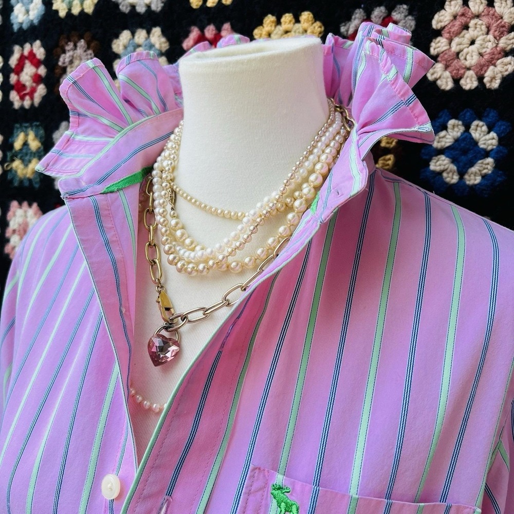 Upcycled Preppy Abercrombie & Fitch Pink w/ Green Stripes Ruffle Collar Shirt M